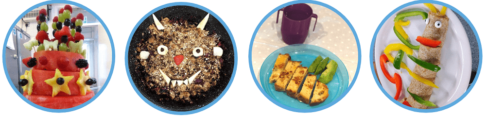 Spotlight images of fun Nutrition food activities. From left to right there is a watermelon fruit tower, a gruffalo crumble, eggy fingers and a sanwich shaped as a caterpillar