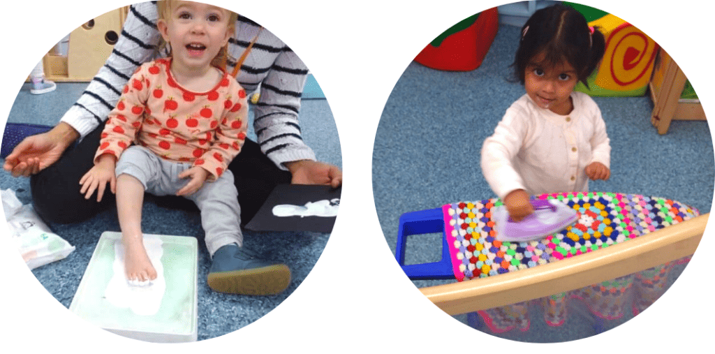 Nursery child doing foot paintaing and nursery child doing role play ironing