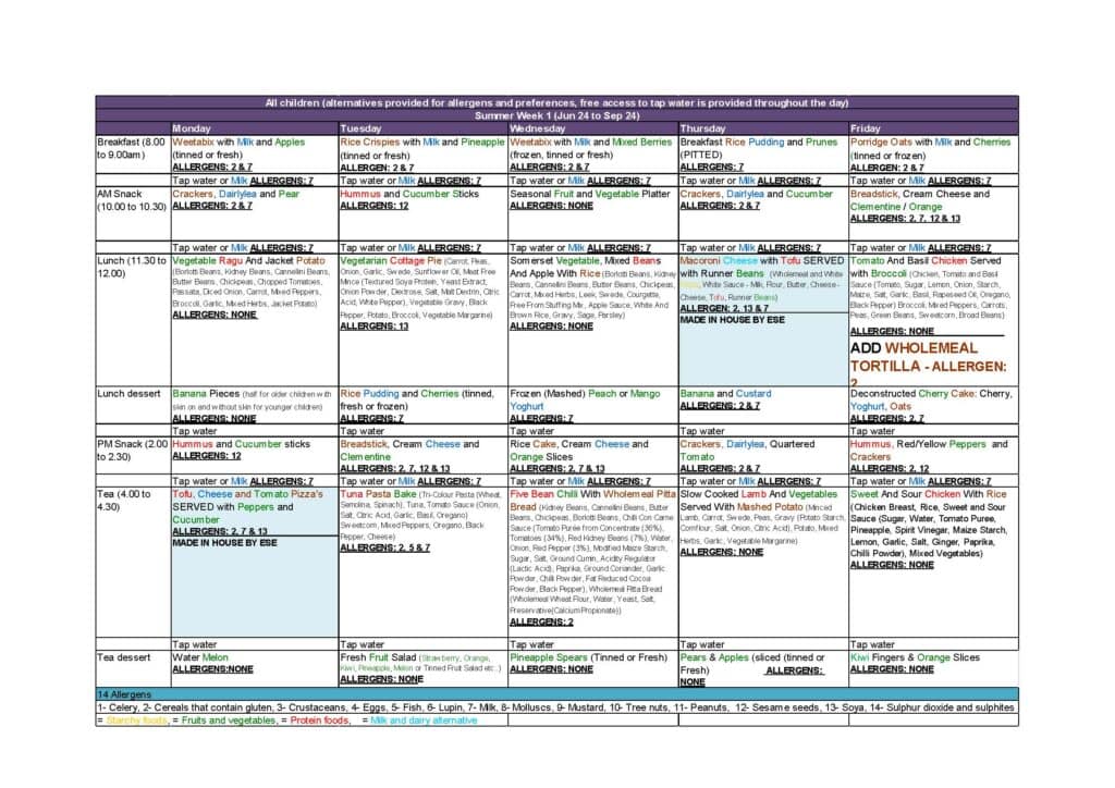 Nursery Summer Menu 2024 Week 1