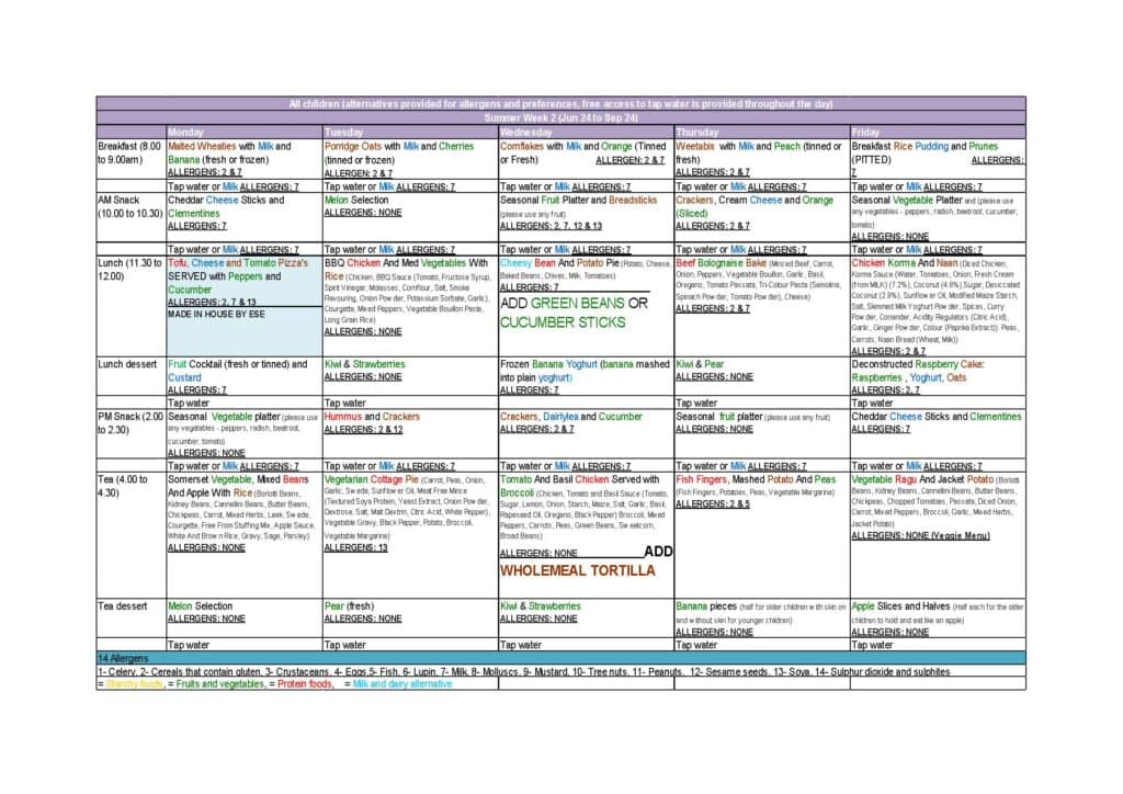 Nursery Summer Menu 2024 week 2