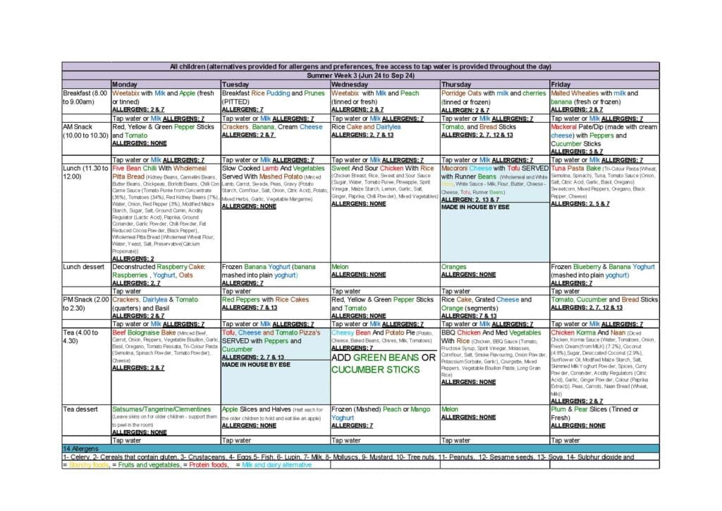 Nursery Summer Menu 2024 week 3